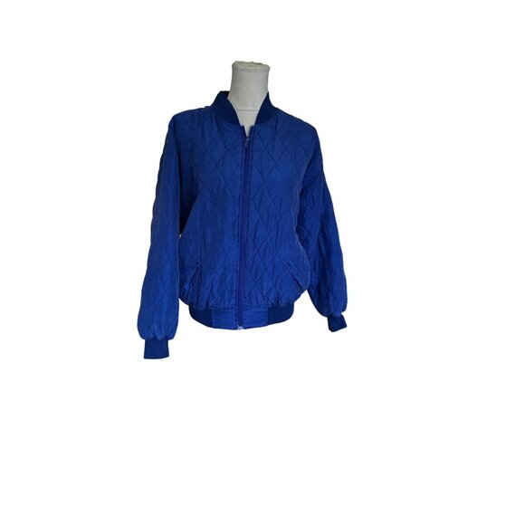 Sophisticates By Jonathan Martin Blue Quilted 100% Silk Bomber Jacket M Retro - Picture 1 of 9